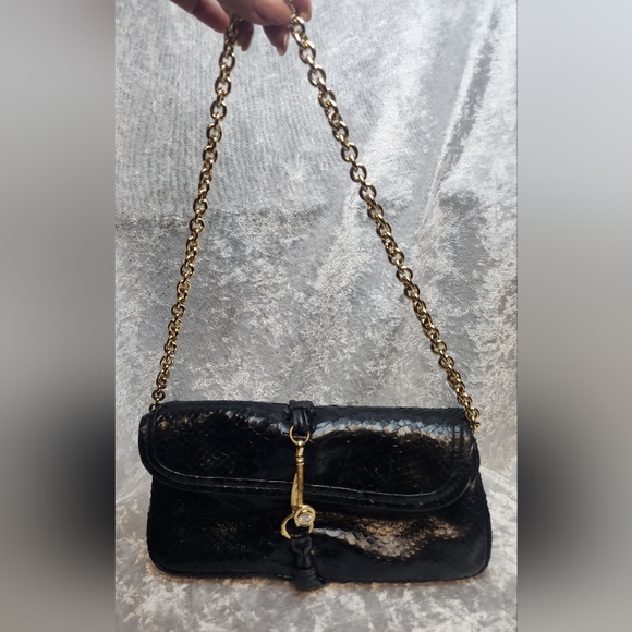 Henri Bendel Black Snake Leather Gold Chain Shoulder Clutch Bag - Picture 7 of 8